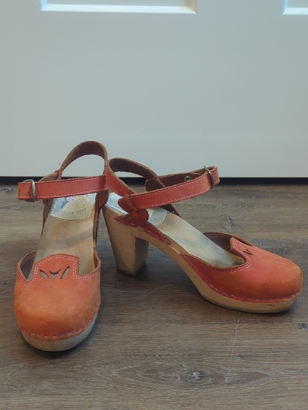 Maguba Orange Suede Mary Jane Swedish Wooden Clog Heels